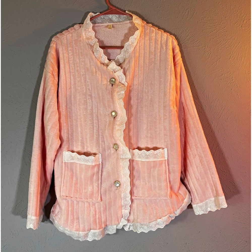 Vintage Fashion Pink Fleece Pajama Top Lace Trim Button Front Coquette Size 4